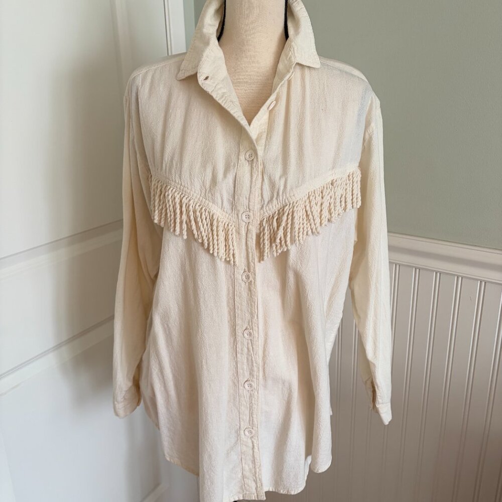 Vintage Cream Western Shirt with Fringe front & back
